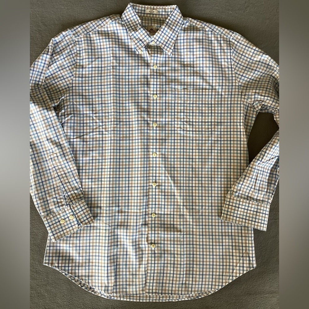 Peter Millar Windowpane Shirt Sz L Cotton Button Down Long Sleeve Beige Blue